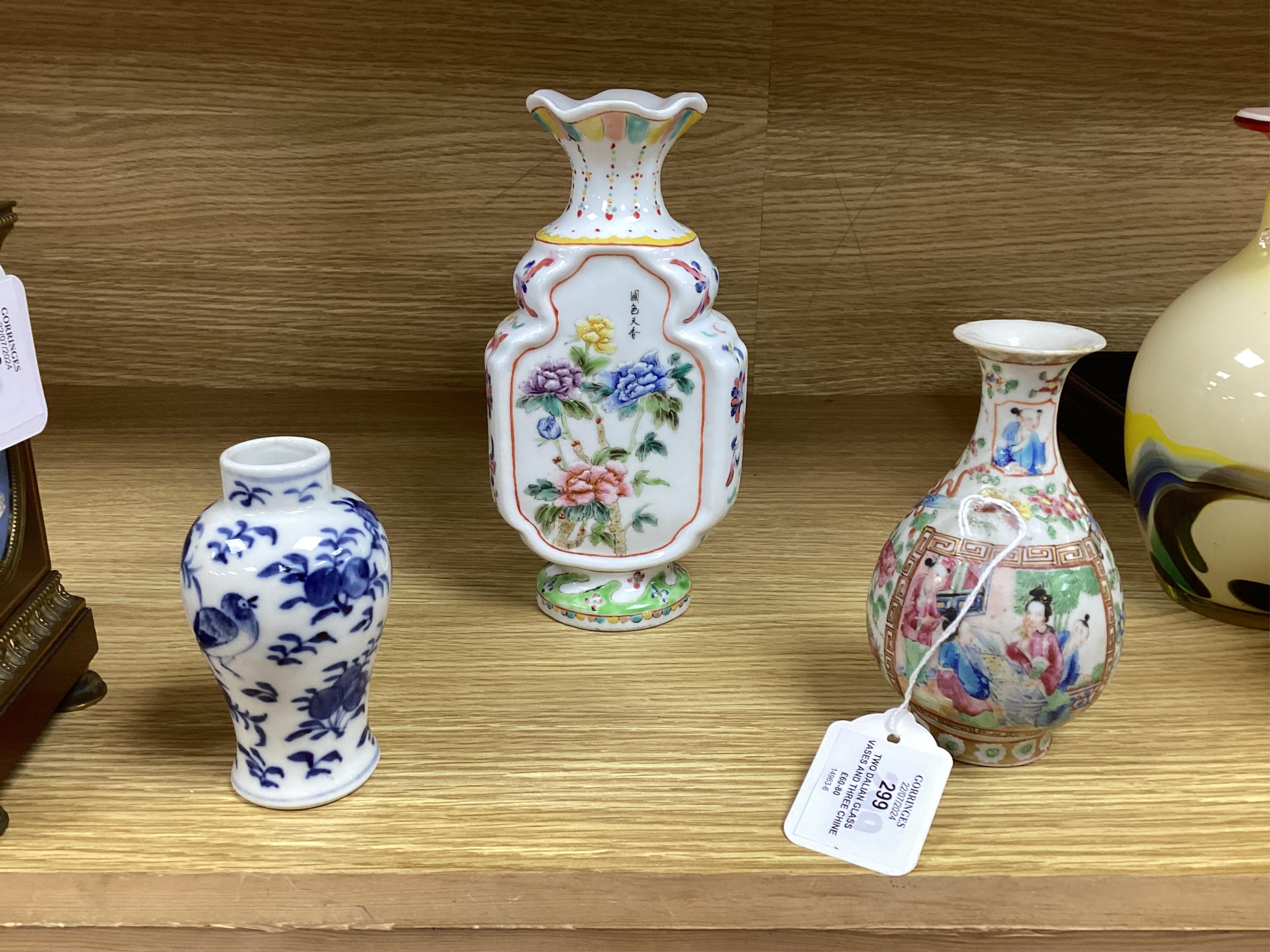 Two Dalian glass vases and three Chinese porcelain vases, 19th/20th century, tallest 19.5cm. Condition - fair